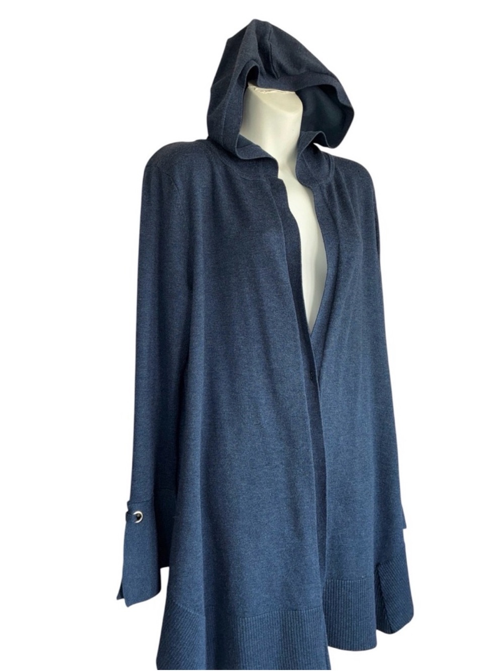 Pointelle branded knit cardigan hoodie with long front. Beautiful ocean blue